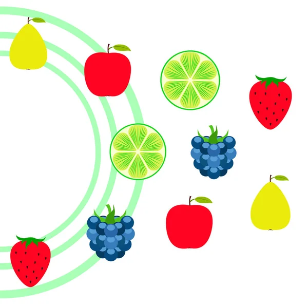 फल और जामुन। रंगीन कार्टून फल प्रतीक: सेब, नाशपाती, ब्लैकबेरी, स्ट्रॉबेरी, नींबू। वेक्टर पृष्ठभूमि . — स्टॉक वेक्टर
