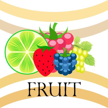 Meyveler ve meyveler. Renkli karikatür meyve ikonları: böğürtlen, ahududu, üzüm, çilek, limon. Vektör arkaplanı.