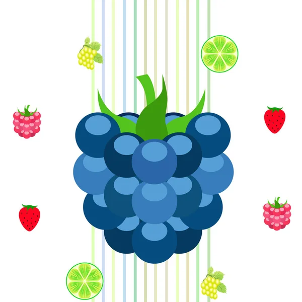 Φρούτα και μούρα. Πολύχρωμα εικονίδια φρούτων κινουμένων σχεδίων: βατόμουρο, βατόμουρο, σταφύλι, φράουλα, ασβέστη. Ιστορικό διανύσματος. — Διανυσματικό Αρχείο