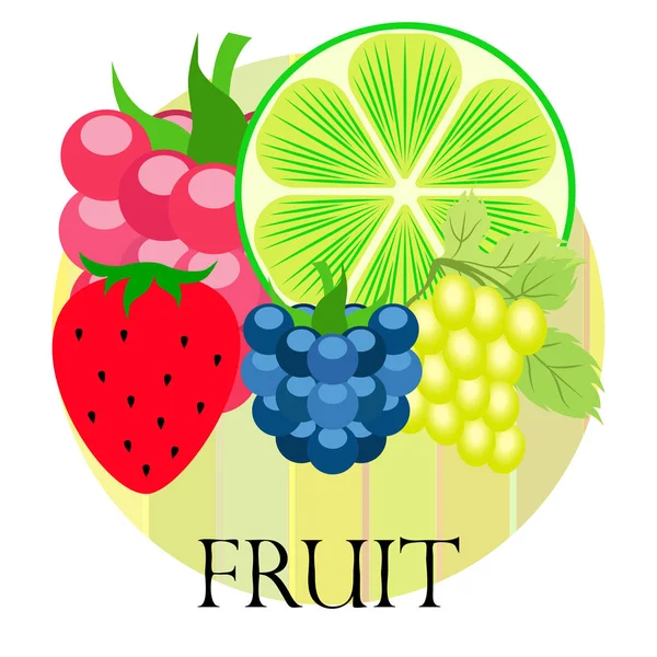 水果和浆果。 多彩的卡通水果图标:黑莓,覆盆子,葡萄,草莓,石灰. 矢量背景. — 图库矢量图片