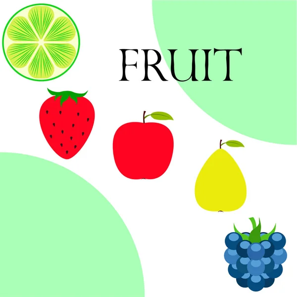 Fruit en bessen. Kleurrijke cartoon fruit iconen: appel, peer, BlackBerry, aardbei, limoen. Vector achtergrond. — Stockvector