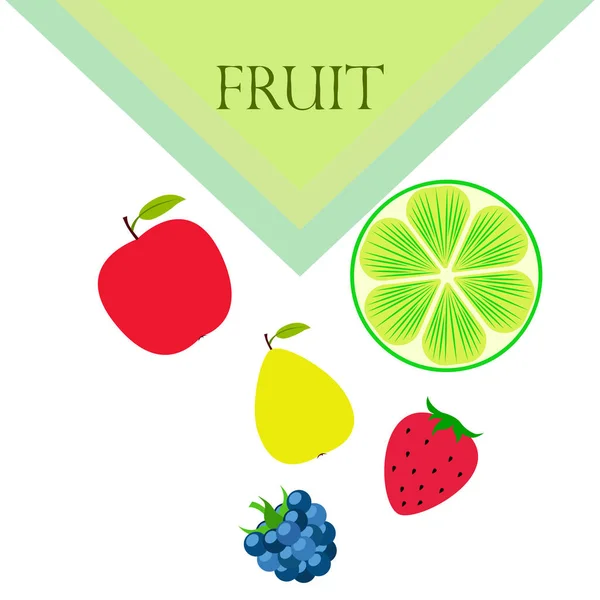 Frutas y bayas. Iconos coloridos de frutas de dibujos animados: manzana, pera, mora, fresa, lima. Fondo vectorial . — Archivo Imágenes Vectoriales