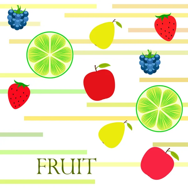 Fruits et baies. icônes colorées de fruits de dessin animé : pomme, poire, mûre, fraise, citron vert. Fond vectoriel . — Image vectorielle