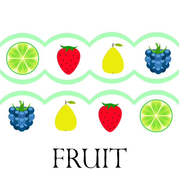 Frutas e bagas. Ícones de frutas de desenhos animados coloridos: maçã, pêra, amora, morango, limão. Fundo vetorial . — Vetor de Stock