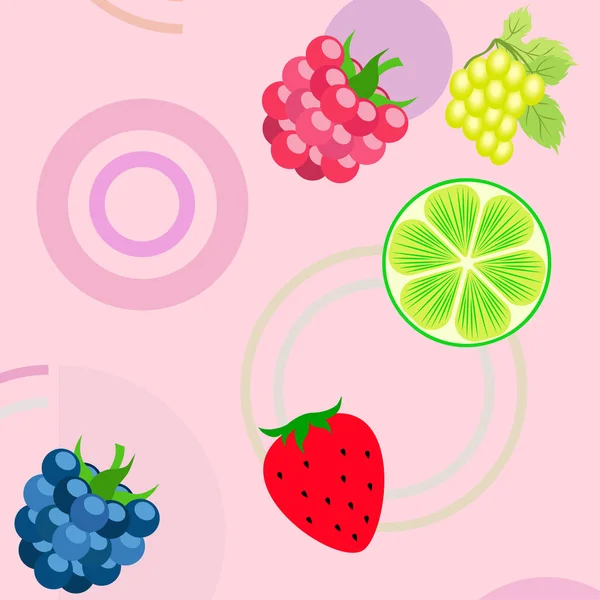 Früchte und Beeren. bunte Comic-Frucht-Ikonen: Brombeere, Himbeere, Traube, Erdbeere, Limette. Vektorhintergrund. — Stockvektor