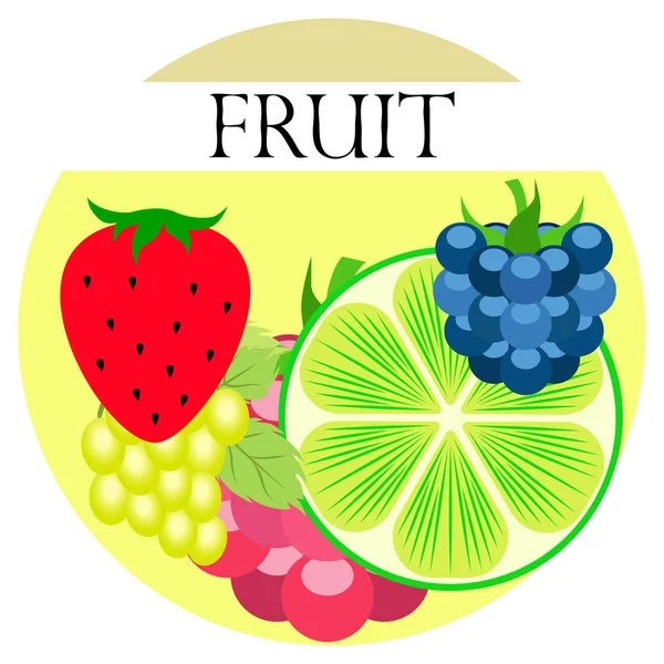 फळे आणि बेरीज. रंगीत कार्टून फळ चिन्ह: ब्लॅकबेरी, रॅस्पबेरी, द्राक्ष, स्ट्रॉबेरी, चुना. वेक्टर पार्श्वभूमी . — स्टॉक व्हेक्टर