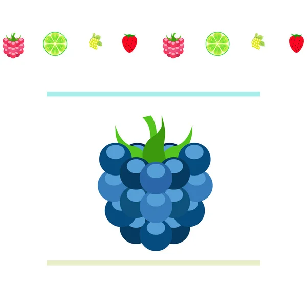 Frutas e bagas. Ícones de frutas de desenhos animados coloridos: amora-preta, framboesa, uva, morango, limão. Fundo vetorial . — Vetor de Stock