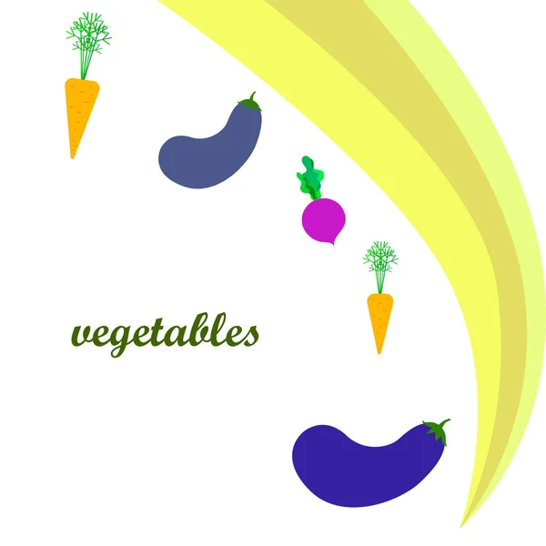 Carotte, betterave, aubergine, légumes frais. Affiche alimentaire biologique. Aménagement du marché agricole. Fond vectoriel . — Image vectorielle