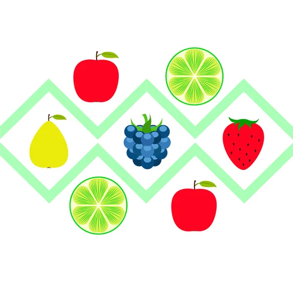 Frutas y bayas. Iconos coloridos de frutas de dibujos animados: manzana, pera, mora, fresa, lima. Fondo vectorial . — Archivo Imágenes Vectoriales