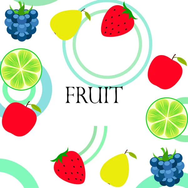 Фрукти та ягоди. Барвисті мультяшні фруктові ікони: яблуко, груша, ожина, полуниця, лайм. Векторний фон . — стоковий вектор