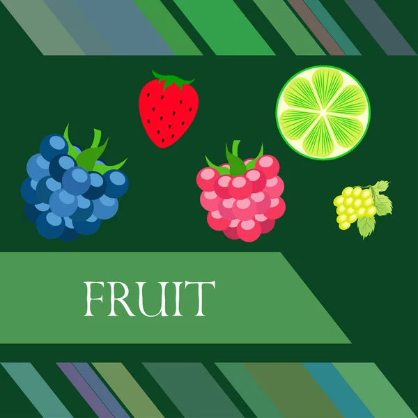 Frutas y bayas. Iconos coloridos de frutas de dibujos animados: mora, frambuesa, uva, fresa, lima. Fondo vectorial . — Archivo Imágenes Vectoriales