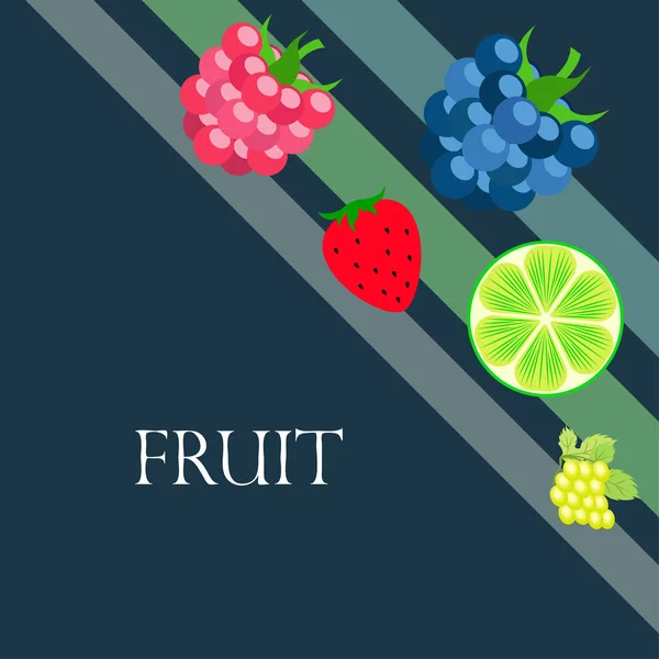 Fruits and berries. Colorful cartoon fruit icons: blackberry, raspberry, grape, strawberr, lime. Vector background. — ストックベクタ