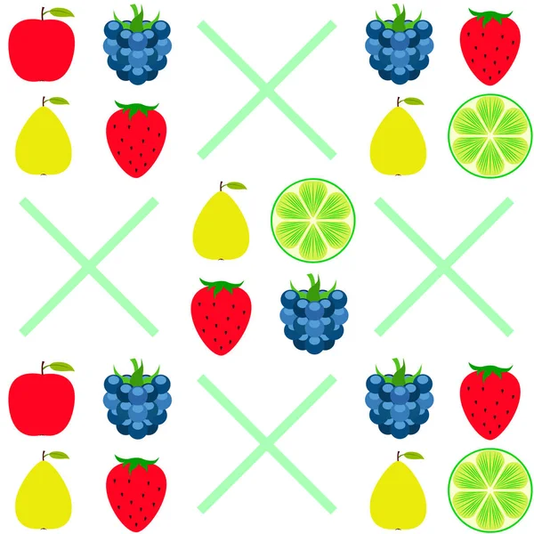Frutas y bayas. Iconos coloridos de frutas de dibujos animados: manzana, pera, mora, fresa, lima. Fondo vectorial . — Archivo Imágenes Vectoriales