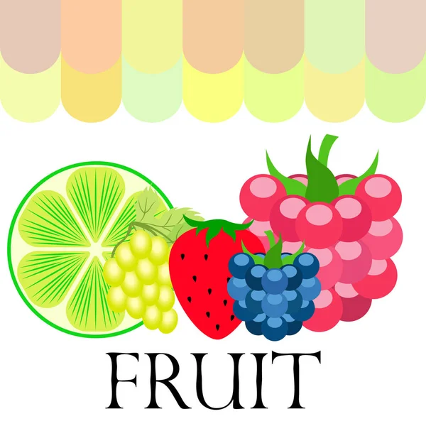 Frutas e bagas. Ícones de frutas de desenhos animados coloridos: amora-preta, framboesa, uva, morango, limão. Fundo vetorial . —  Vetores de Stock