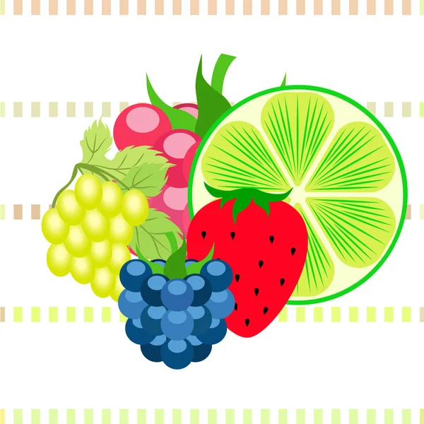 Fruits et baies. icônes colorées de fruits de dessin animé : mûre, framboise, raisin, fraise, citron vert. Fond vectoriel . — Image vectorielle