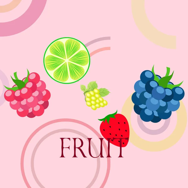 Fruits and berries. Colorful cartoon fruit icons: blackberry, raspberry, grape, strawberr, lime. Vector background. — Stock Vector