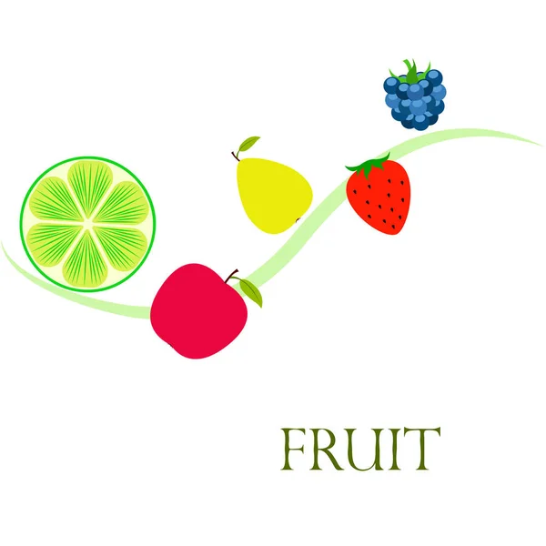 Fruit en bessen. Kleurrijke cartoon fruit iconen: appel, peer, BlackBerry, aardbei, limoen. Vector achtergrond. — Stockvector