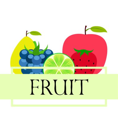 Meyve ler ve meyveler. Renkli karikatür meyve simgeleri: elma, armut, böğürtlen, çilek, kireç. Vektör arka planı.