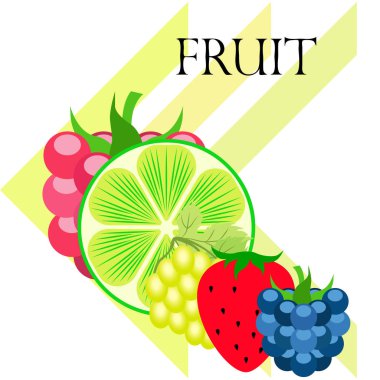 Meyveler ve meyveler. Renkli karikatür meyve ikonları: böğürtlen, ahududu, üzüm, çilek, limon. Vektör arkaplanı.