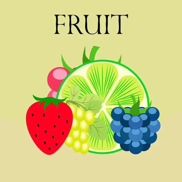 Vruchten en bessen. Kleurrijke cartoon fruit iconen: bramen, frambozen, druif, aardbeien, limoen. Vectorachtergrond. — Stockvector