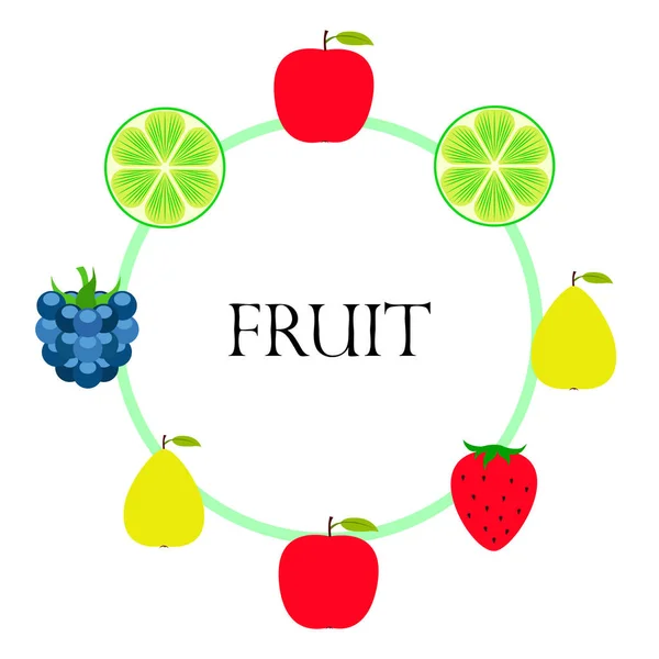 Fruits et baies. icônes colorées de fruits de dessin animé : pomme, poire, mûre, fraise, citron vert. Fond vectoriel . — Image vectorielle