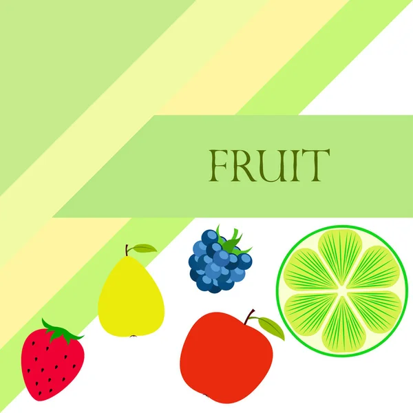 Frutas e bagas. Ícones de frutas de desenhos animados coloridos: maçã, pêra, amora, morango, limão. Fundo vetorial . — Vetor de Stock