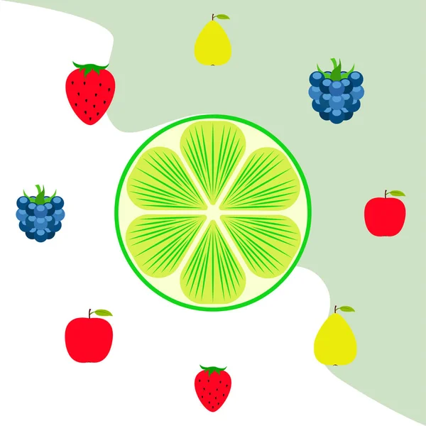 Frutas Bayas Iconos Coloridos Frutas Dibujos Animados Manzana Pera Mora — Vector de stock