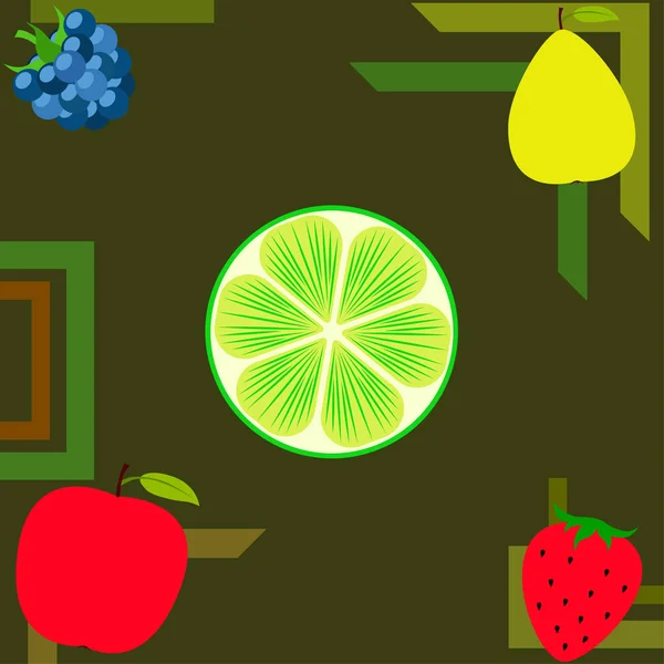 Frutas Bayas Iconos Coloridos Frutas Dibujos Animados Manzana Pera Mora — Vector de stock