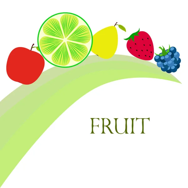 과일과 열매. 다채로운 만화 과일 아이콘 : 사과, 배, 블랙 베리, 딸기, 라임. 벡터 배경. — 스톡 벡터