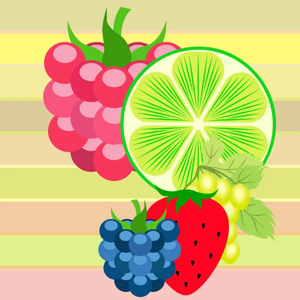 Früchte und Beeren. bunte Comic-Frucht-Ikonen: Brombeere, Himbeere, Traube, Erdbeere, Limette. Vektorhintergrund. — Stockvektor