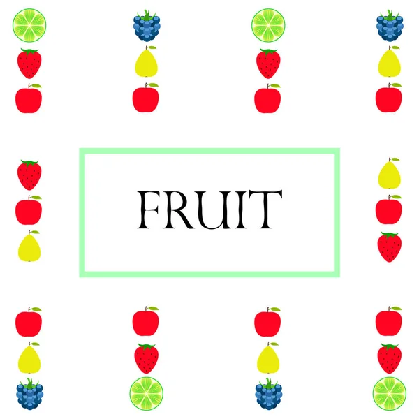 果物とベリーカラフルな漫画のフルーツアイコン:リンゴ、梨、ブラックベリー、イチゴ、ライム。ベクトルの背景. — ストックベクタ