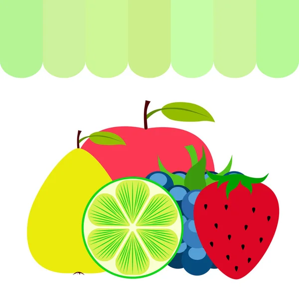 果物とベリーカラフルな漫画のフルーツアイコン リンゴ ブラックベリー イチゴ ライム ベクトルの背景 — ストックベクタ