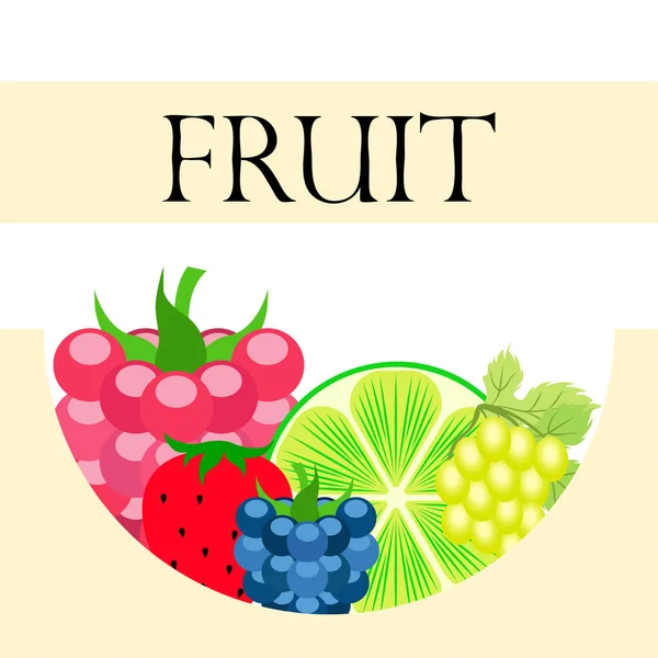 Fruits et baies. icônes colorées de fruits de dessin animé : mûre, framboise, raisin, fraise, citron vert. Fond vectoriel . — Image vectorielle