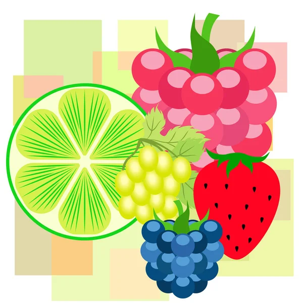 Früchte und Beeren. bunte Comic-Frucht-Ikonen: Brombeere, Himbeere, Traube, Erdbeere, Limette. Vektorhintergrund. — Stockvektor