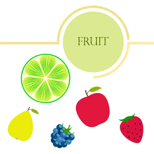 Fruit en bessen. Kleurrijke cartoon fruit iconen: appel, peer, BlackBerry, aardbei, limoen. Vector achtergrond. — Stockvector