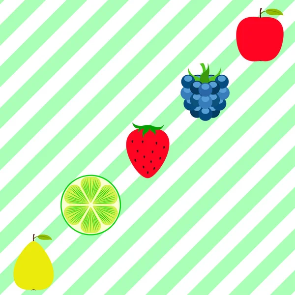 Frutas y bayas. Iconos coloridos de frutas de dibujos animados: manzana, pera, mora, fresa, lima. Fondo vectorial . — Vector de stock