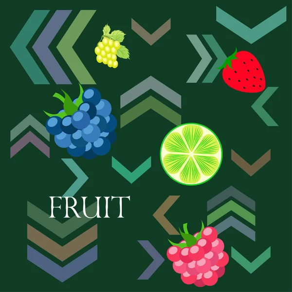 Fruits and berries. Colorful cartoon fruit icons: blackberry, raspberry, grape, strawberr, lime. Vector background. — ストックベクタ