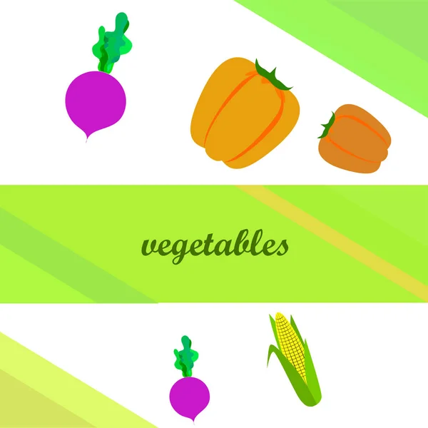 Verduras frescas. Pimienta, remolacha, maíz. Cartel de alimentos orgánicos. Diseño del mercado de agricultores. Vector . — Vector de stock