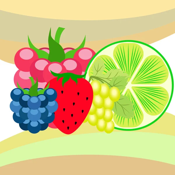 Früchte und Beeren. bunte Comic-Frucht-Ikonen: Brombeere, Himbeere, Traube, Erdbeere, Limette. Vektorhintergrund. — Stockvektor