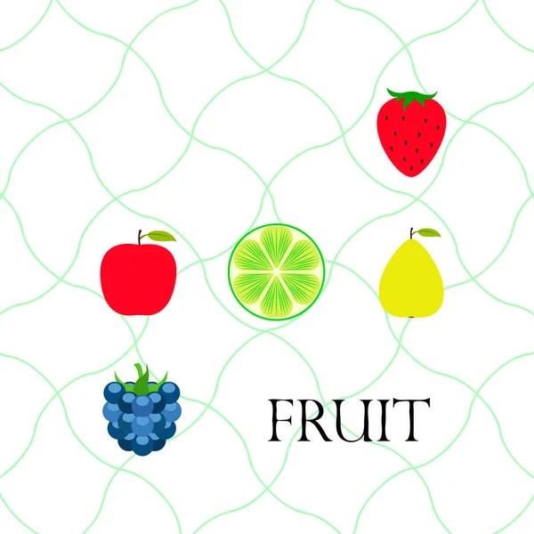 Fruits et baies. icônes colorées de fruits de dessin animé : pomme, poire, mûre, fraise, citron vert. Fond vectoriel . — Image vectorielle