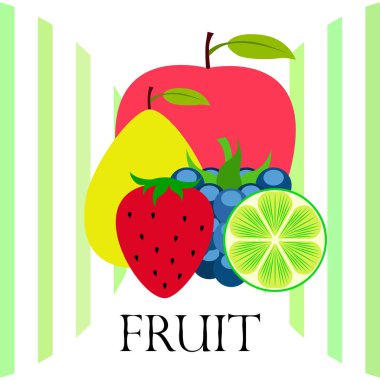 Meyve ler ve meyveler. Renkli karikatür meyve simgeleri: elma, armut, böğürtlen, çilek, kireç. Vektör arka planı.