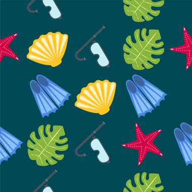 Vektör sualtı deniz tasarım elemanları kümesi. Dalış. Üstte görüntü.