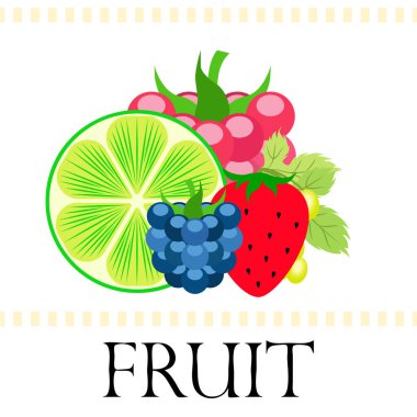 Meyveler ve meyveler. Renkli karikatür meyve ikonları: böğürtlen, ahududu, üzüm, çilek, limon. Vektör arkaplanı.