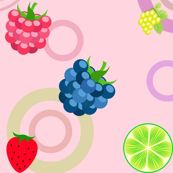 Frutas y bayas. Iconos coloridos de frutas de dibujos animados: mora, frambuesa, uva, fresa, lima. Fondo vectorial . — Archivo Imágenes Vectoriales