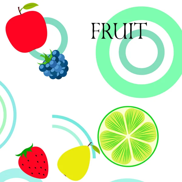 Fruits et baies. icônes colorées de fruits de dessin animé : pomme, poire, mûre, fraise, citron vert. Fond vectoriel . — Image vectorielle