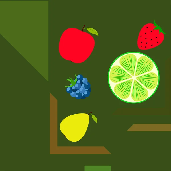 Frutas Bayas Iconos Coloridos Frutas Dibujos Animados Manzana Pera Mora — Vector de stock