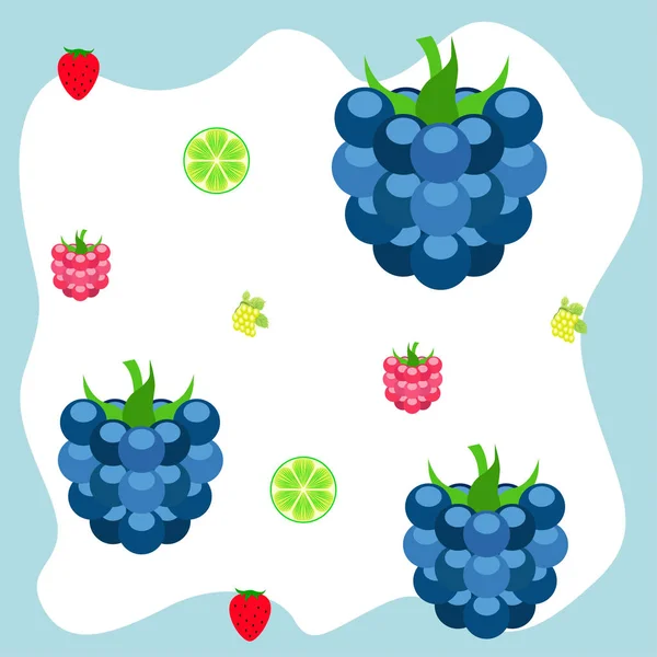Плоды и ягоды. Красочные иконы фруктов мультфильма: ежевика, малина, виноград, клубника, лайм. Векторный фон . — стоковый вектор