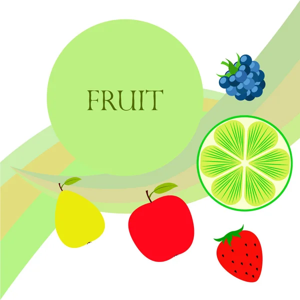Ovoce a bobule. Pestré barevné ikony: jablko, hruška, Ostružina, jahoda, vápno. Vektorové pozadí. — Stockový vektor