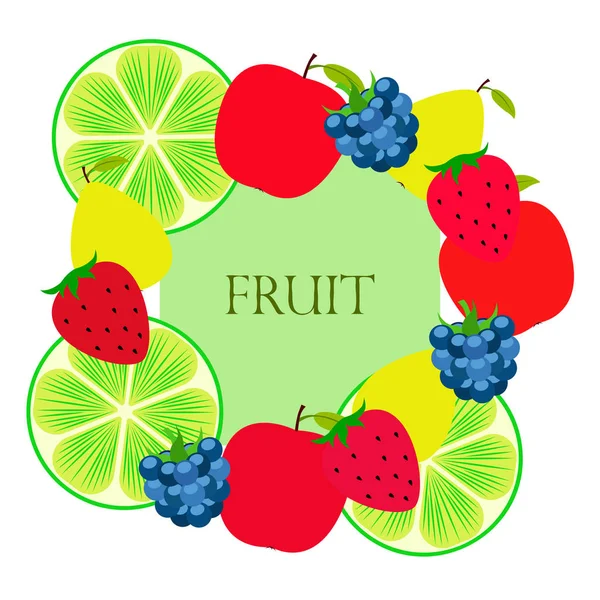 Fruit en bessen. Kleurrijke cartoon fruit iconen: appel, peer, BlackBerry, aardbei, limoen. Vector achtergrond. — Stockvector