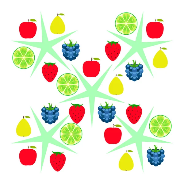 Frutas e bagas. Ícones de frutas de desenhos animados coloridos: maçã, pêra, amora, morango, limão. Fundo vetorial . — Vetor de Stock